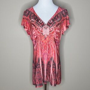 ONE WORLD Coral and Black Artistic Blouse